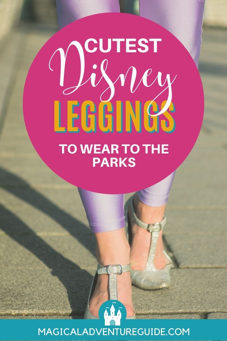 lower half of a woman's legs, clad in light purple leggings, walking through a theme park