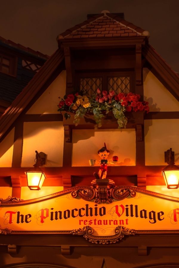 Pinocchio Village Haus restaurant sign at Magic Kingdom