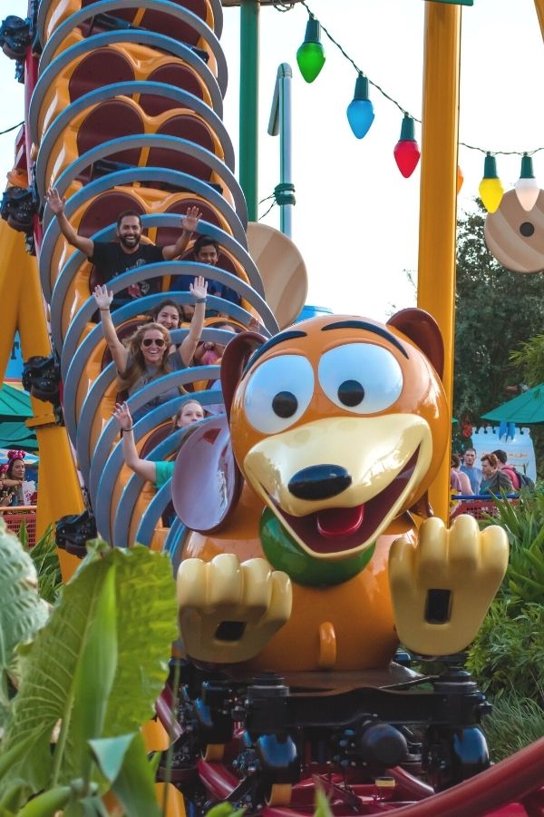 Slinky dog roller coaster in Toy Story Land of Hollywood Studios, near Pixar Place and Woody's Lunch Box.