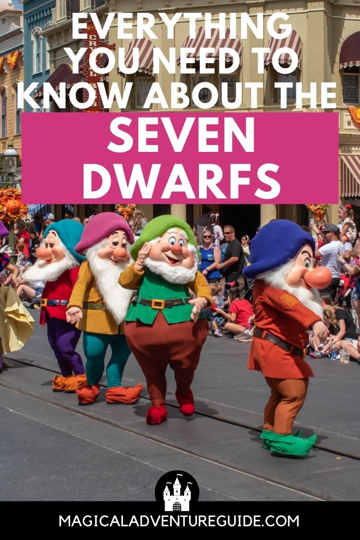 characters of the seven dwarfs in a parade at Disney World, with an overlay that reads, "Everything you need to know about the seven dwarfs"