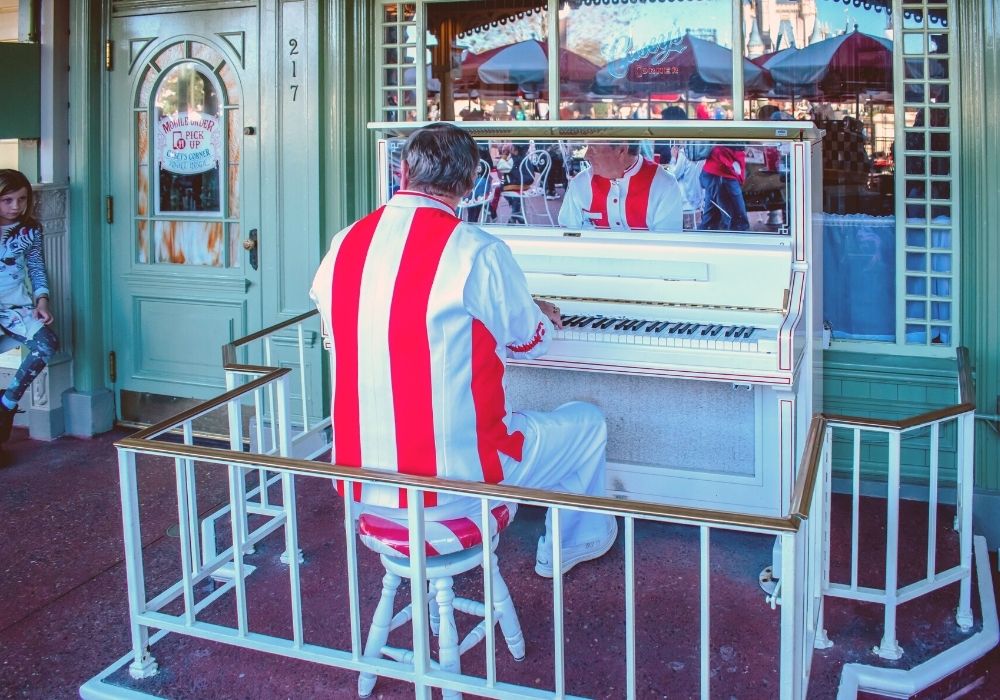 pianist at Casey's Corner on Main Street, USA in Disney World's Magic Kingdom