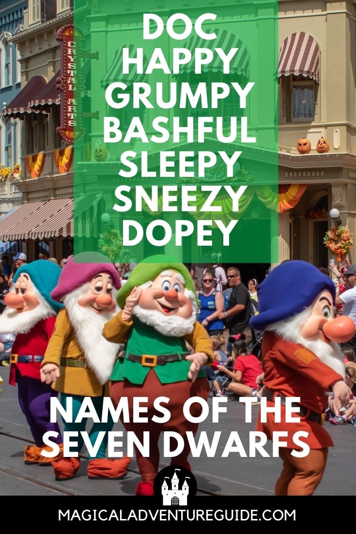 An image of the seven dwarf characters in a parade, with an overlay that lists the names of the seven dwarfs, including Doc, Happy, Grumpy, Bashful, Sleepy, Sneezy, Dopey.