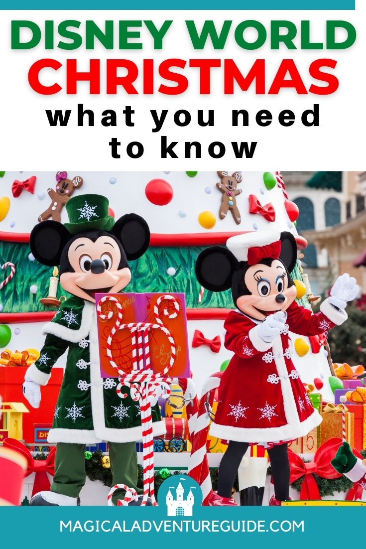 Mickey and Minnie characters in Christmas costumes aboard a parade float at Disney