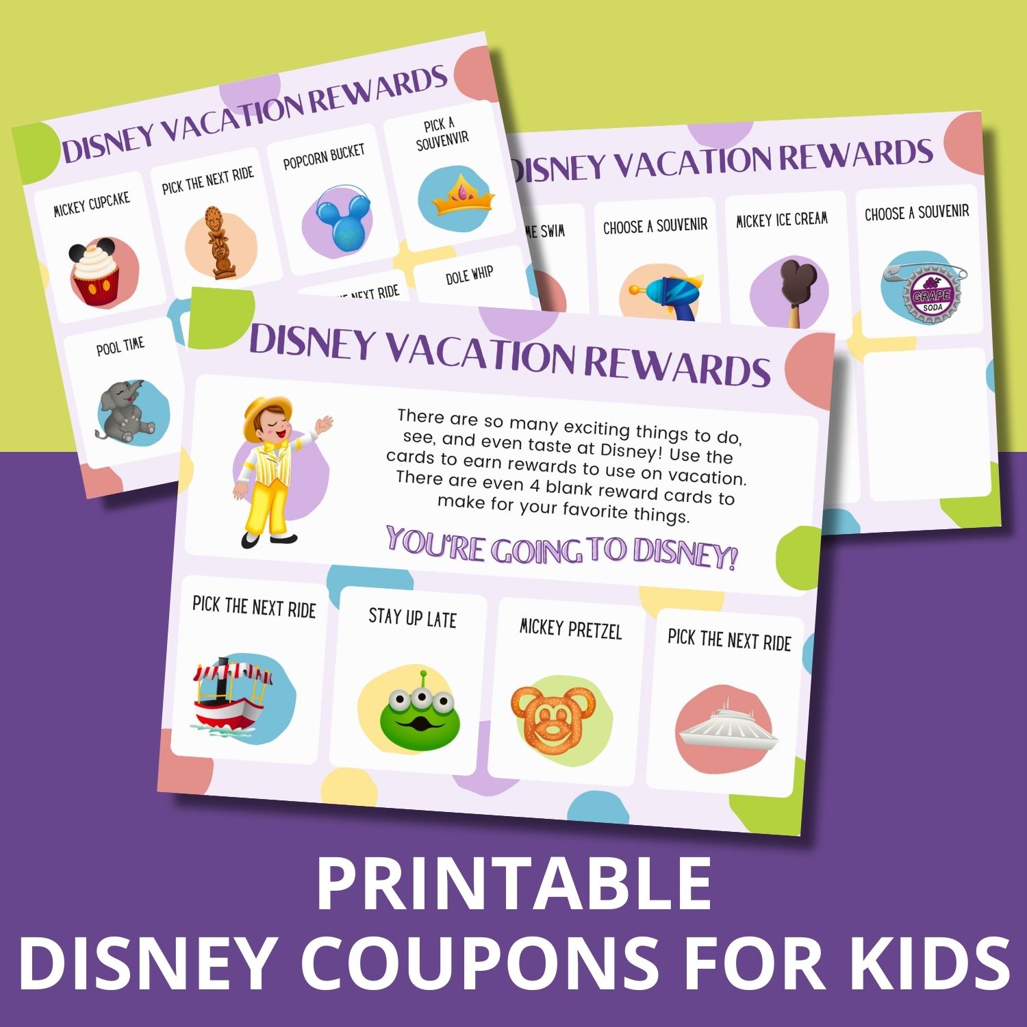 mock-up showing the three pages of the printable disney coupons for kids