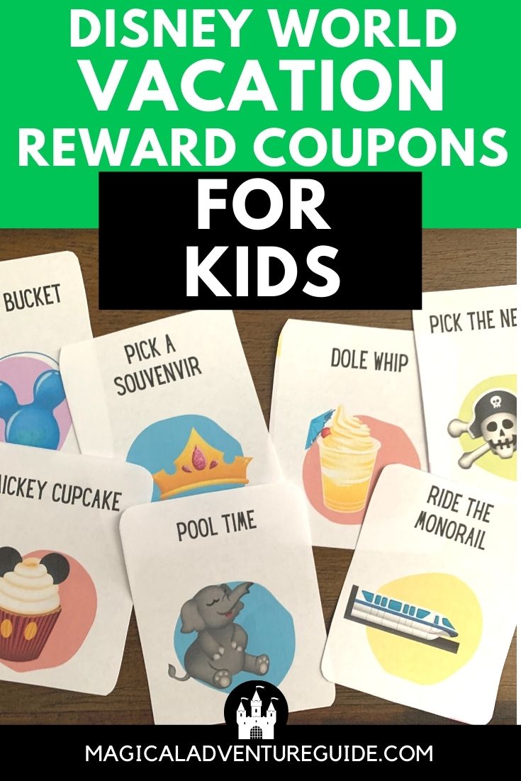 printable Disney coupons for kids cut out and displayed on a wooden table