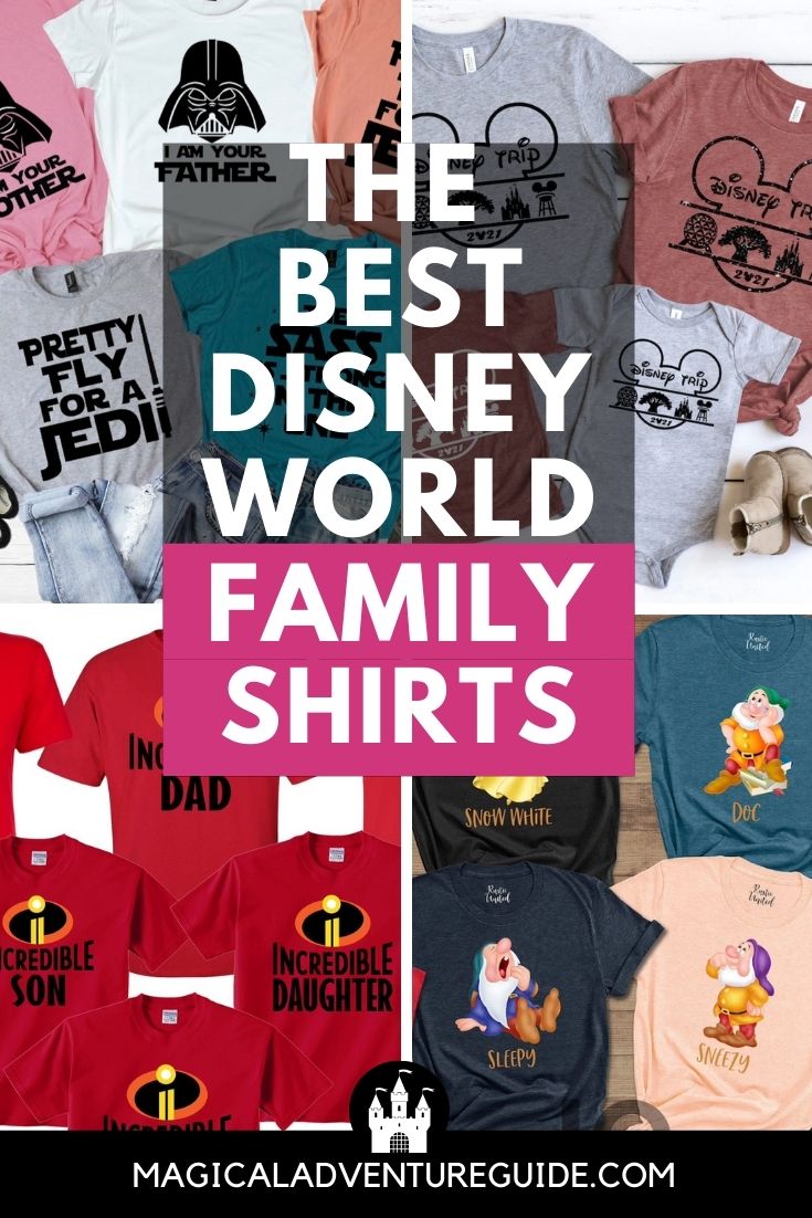 collage image featuring four different matching Disney family shirts sets.
