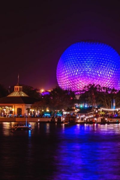 Epcot at night, with Spaceship Earth illuminated