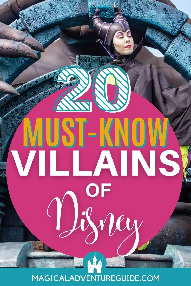 Maleficent the villain in a parade at Disney World, with an overlay that reads, "20 must-know villains of disney"