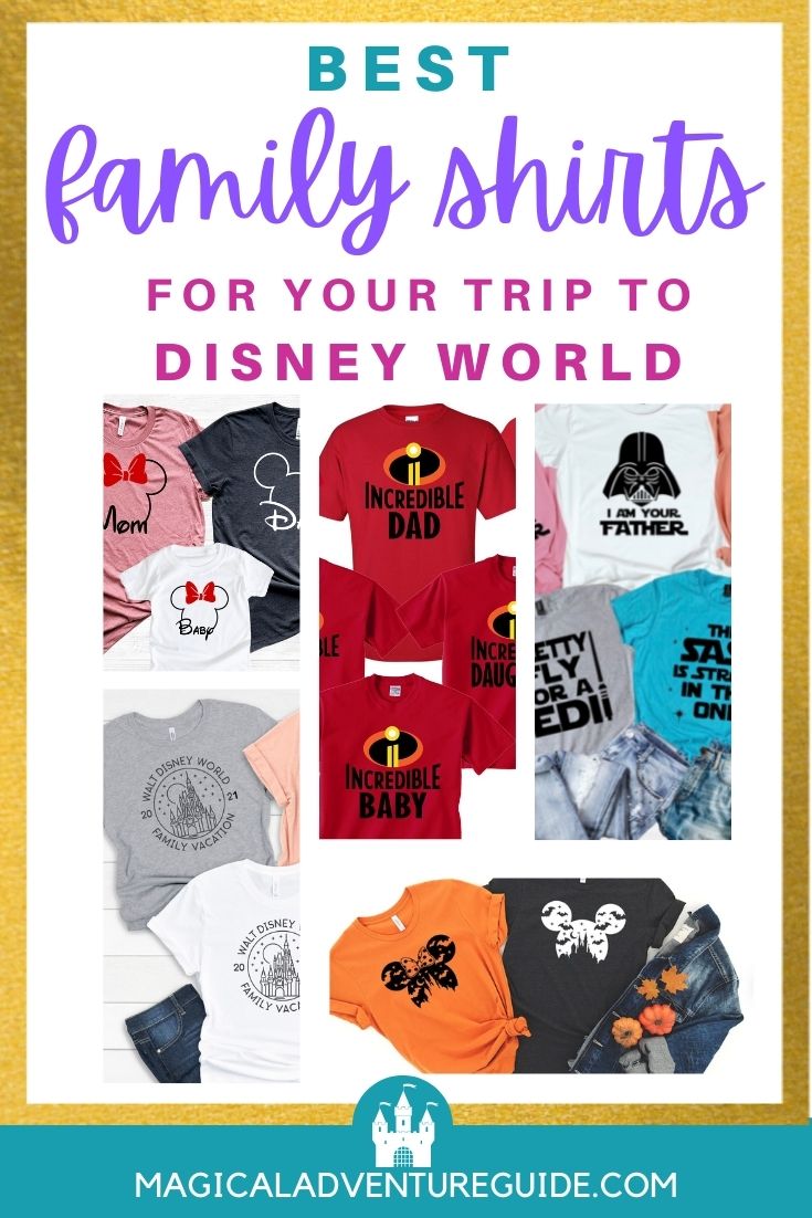 collage image featuring different family shirt options for a disney vacation