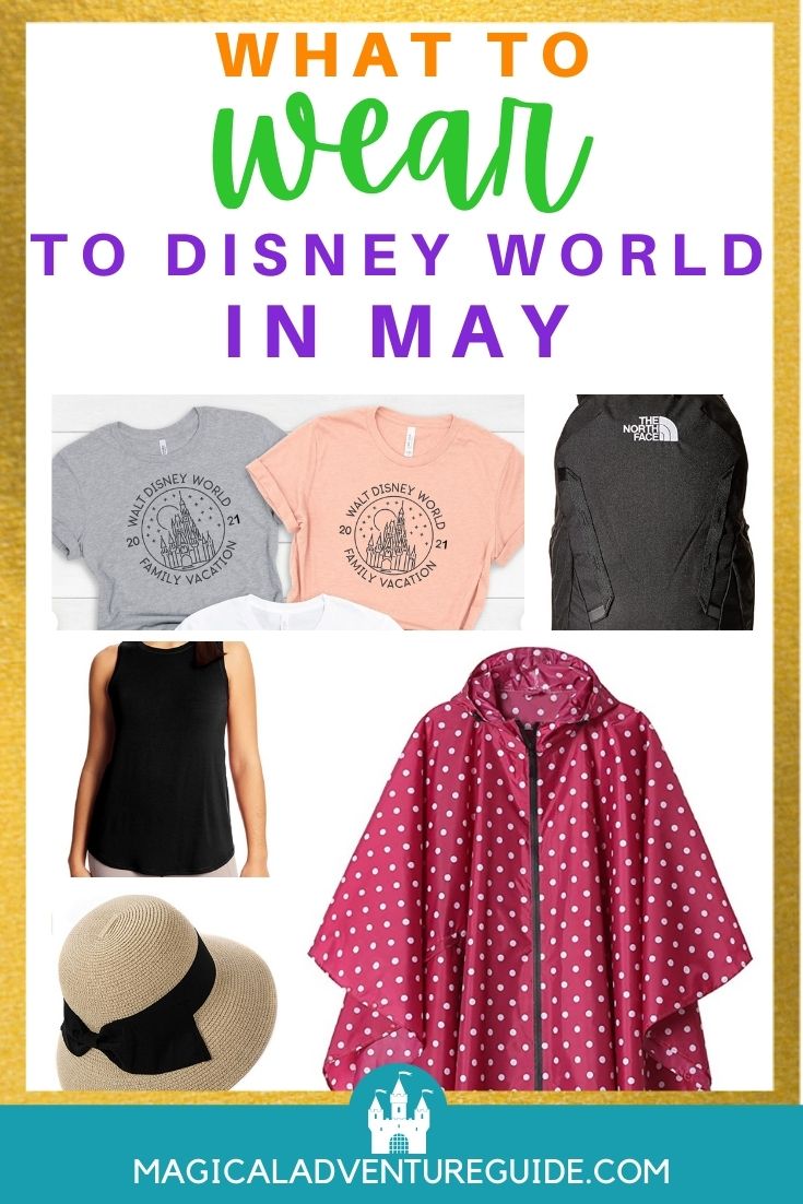 collage image featuring different items to wear to Disney World in May