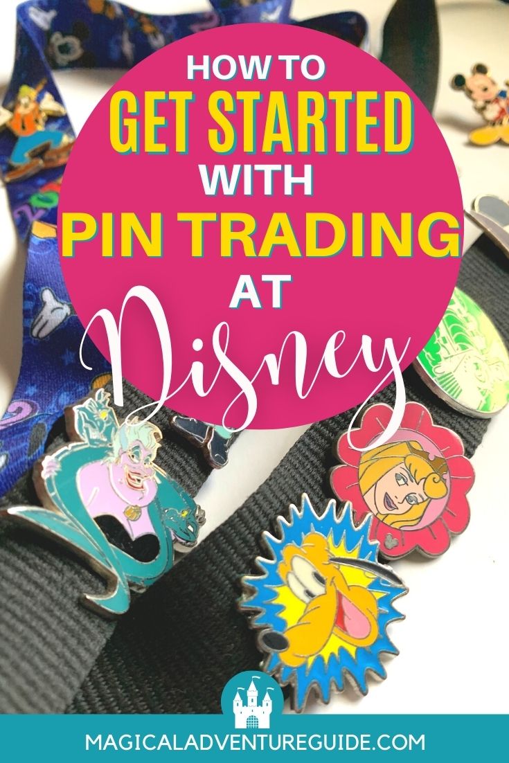 someone who is collecting Disney pins has them displayed on two lanyards, with an overlay that reads, "How to Get Started with Pin Trading at Disney"