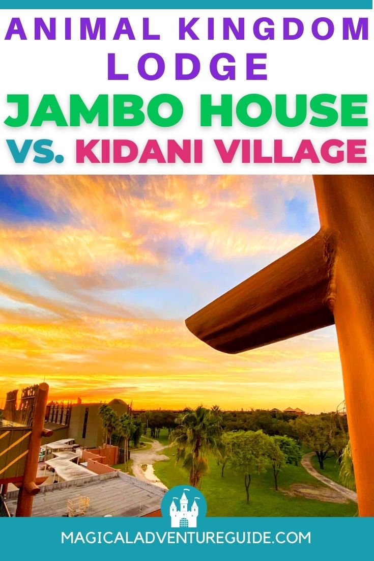 sunset at animal kingdom lodge in disney world, with an overlay that reads, "Animal Kingdom Lodge Jambo House vs Kidani Village"