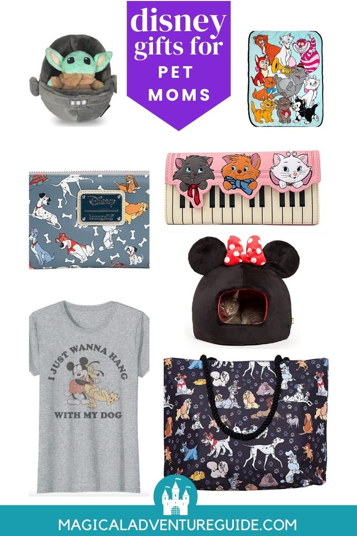 collage image of dog and cat themed Disney gift ideas for pet moms