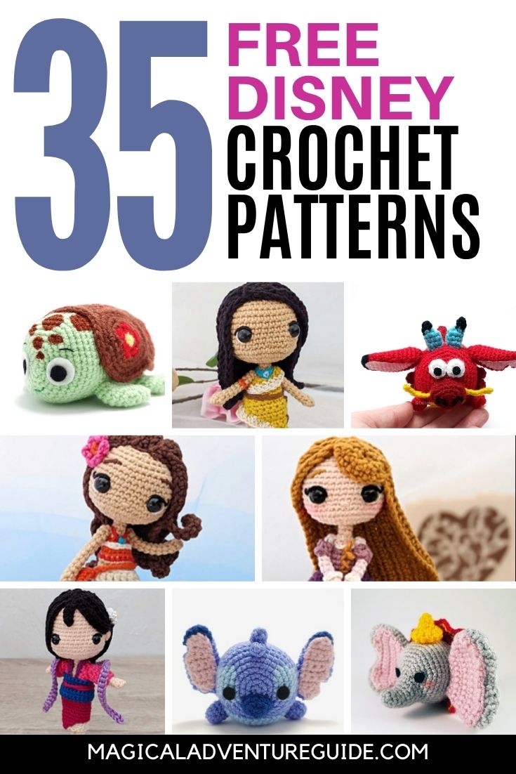 collage image featuring various crocheted classic Disney characters. An overlay reads, "35 Free Disney Crochet Patterns"