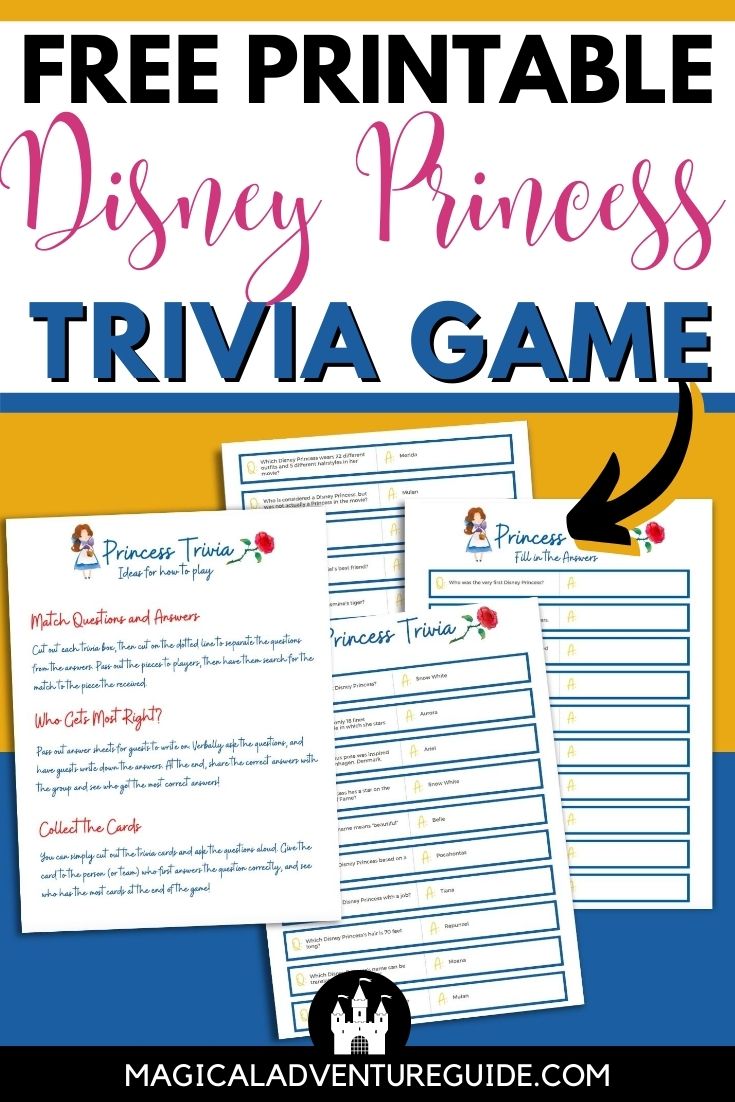 mockup of printable Disney Princess questions and answers. An overlay reads, "Free Printable Disney Princess Trivia Game"
