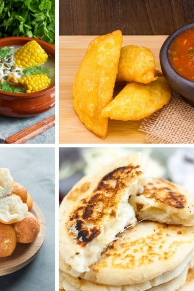 collage image of four foods served in DIsney's Encanto, including ajiaco soup, empanadas, bunuelos, and arepas con queso