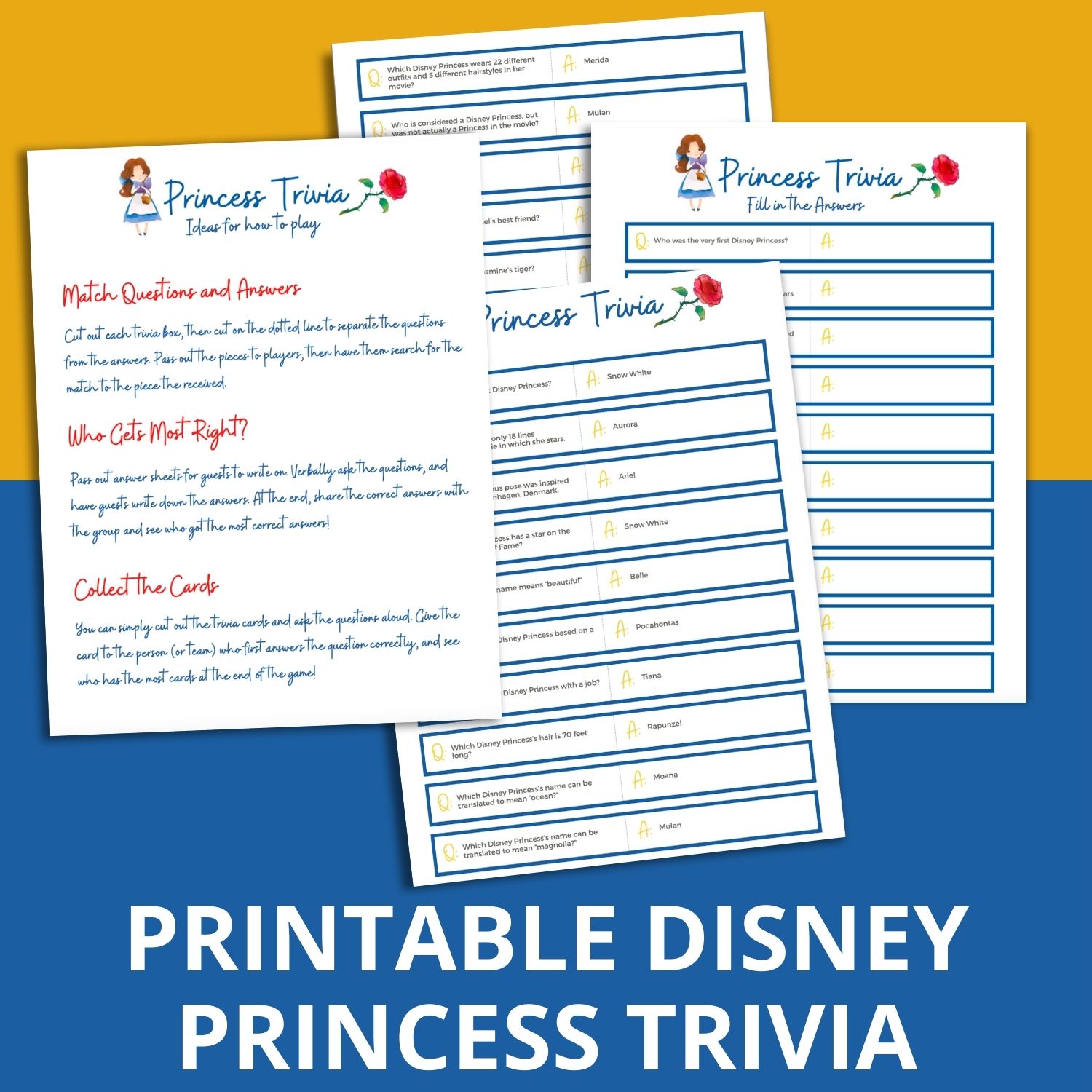 mockup image showing pages of the Disney Princess trivia questions that can be printed out