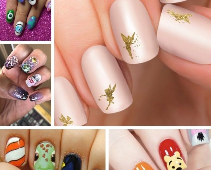 collage image featuring five different Disney nail designs