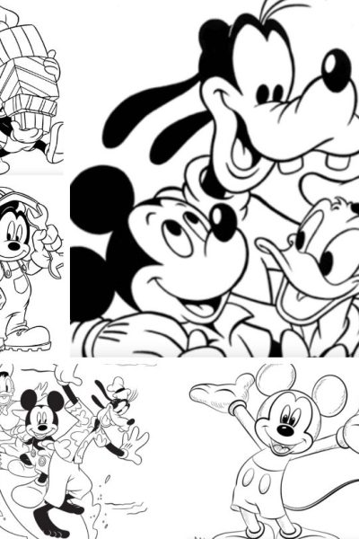 collage of five different Mickey Mouse coloring sheets