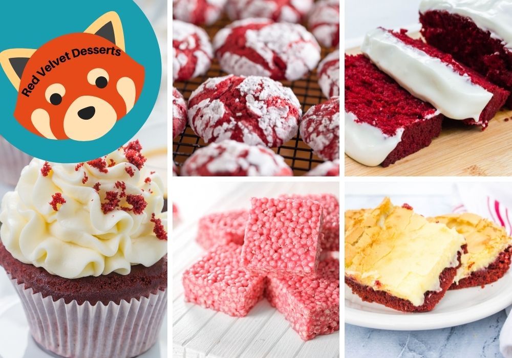 collage image of various red velvet desserts for a Turning Red themed party. A red panda overlay reads "red velvet desserts"