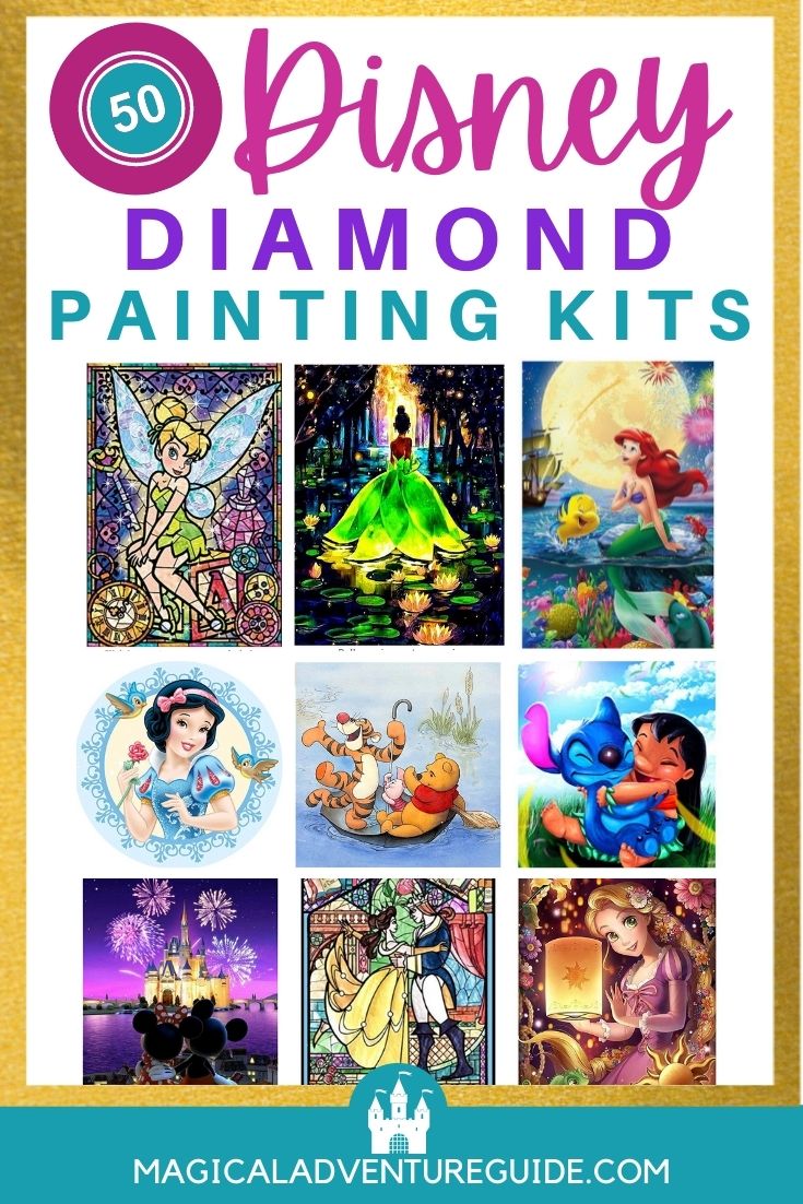 collage image featuring photos of disney diamond art sets. An overlay reads, "50 Disney Diamond Painting Kits"
