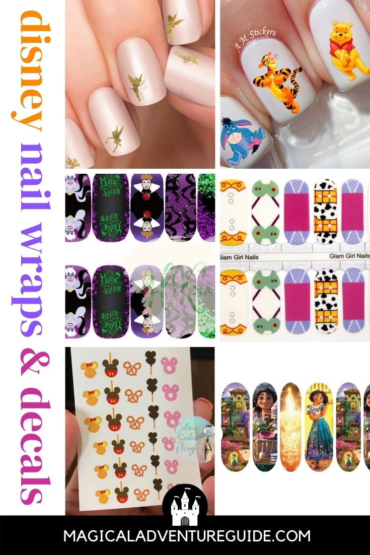collage image featuring six different Disney nail wraps and decals. An overlay reads, "Disney Nail Wraps & Decals"