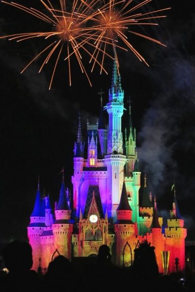 Cinderella's Castle at Disney World is lit up at night, with fireworks overhead