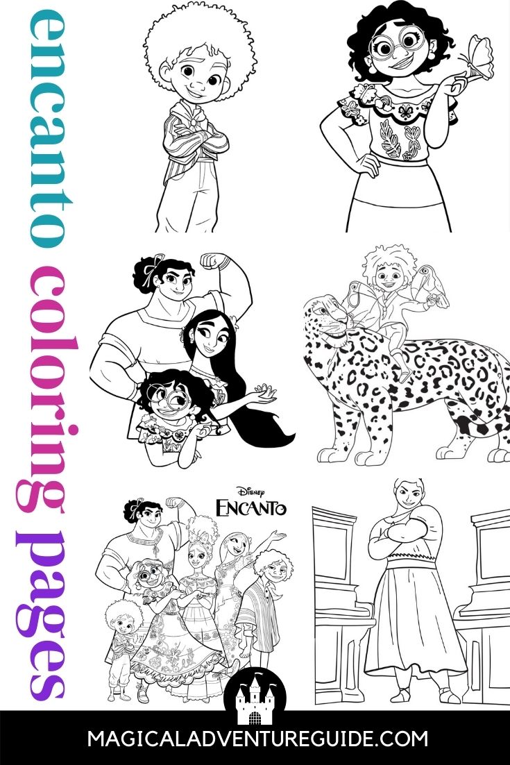Collage image featuring printable Encanto coloring sheets of the different characters in the movie