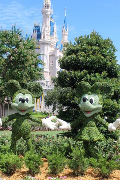 Mickey and Minnie topiaries in front of Cinderella's Castle at Disney World