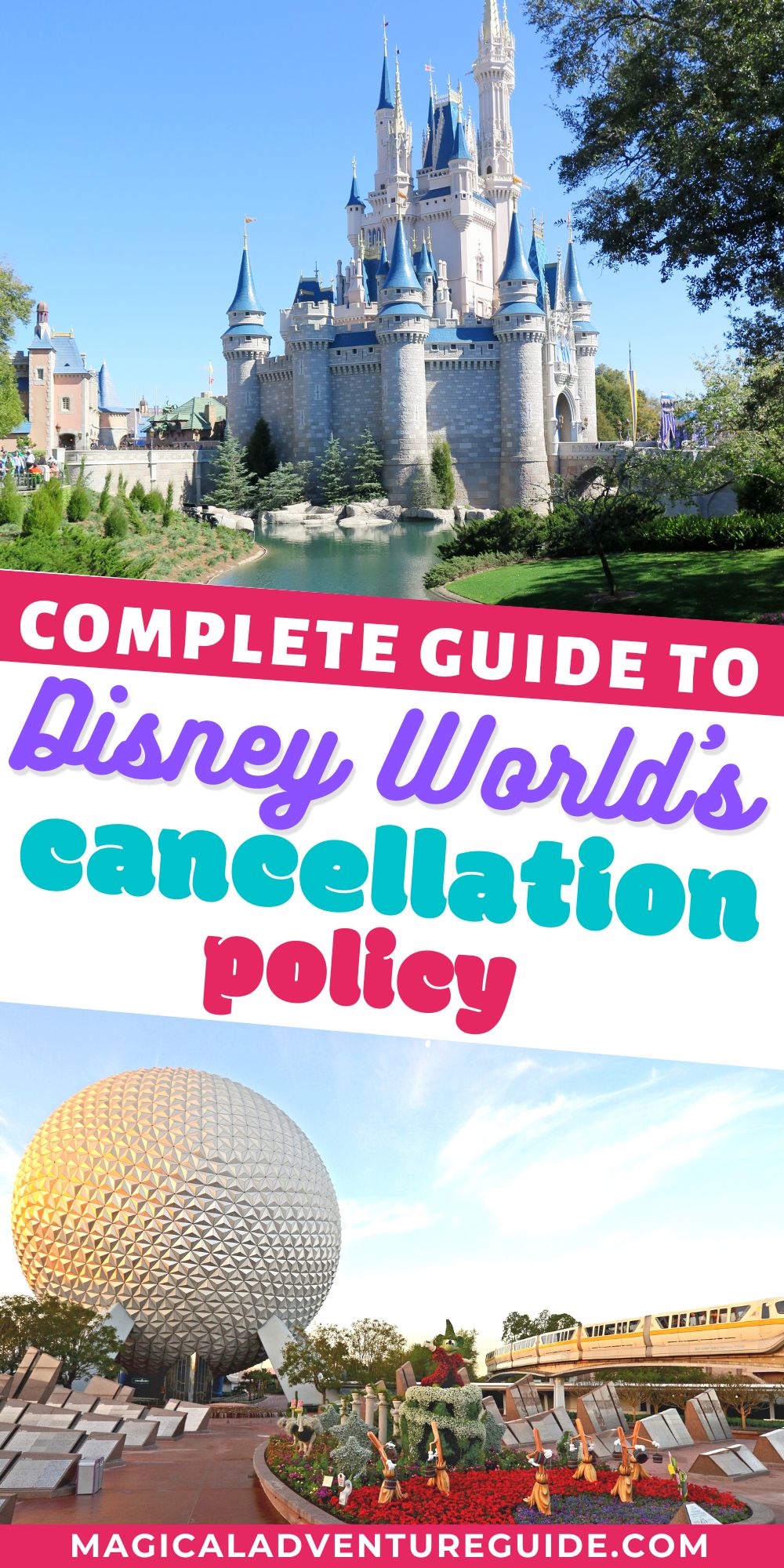 two photos; one is Cinderella's Castle at Magic Kingdom, the other is Spaceship Earth at Epcot. An overlay reads, "Complete guide to Disney World's cancellation policy"