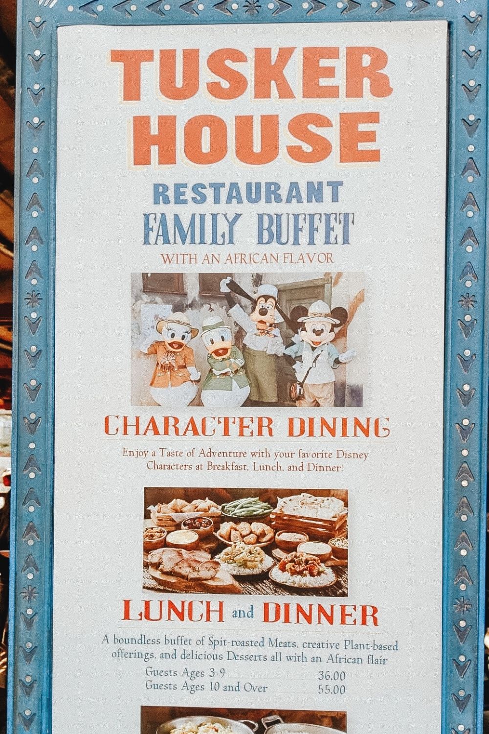 menu from Tusker House at Animal Kingdom in Disney World