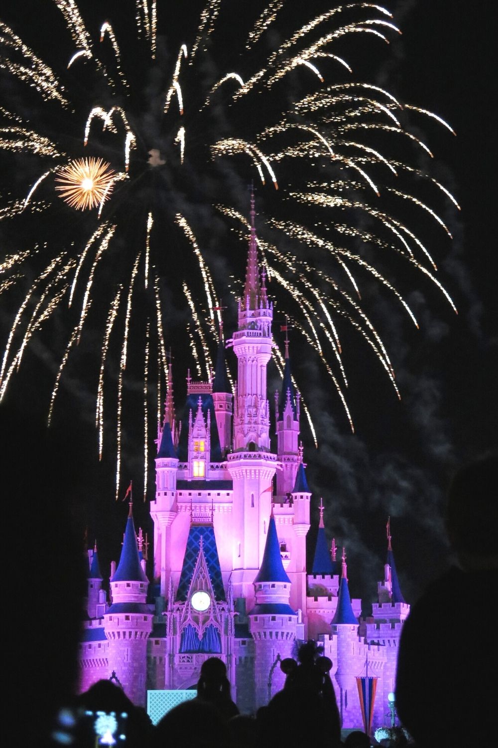 Cinderella's Castle lit up at night at Disney World