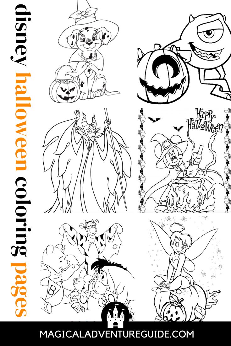 collage image featuring various Disney Halloween coloring sheets that can be printed for free