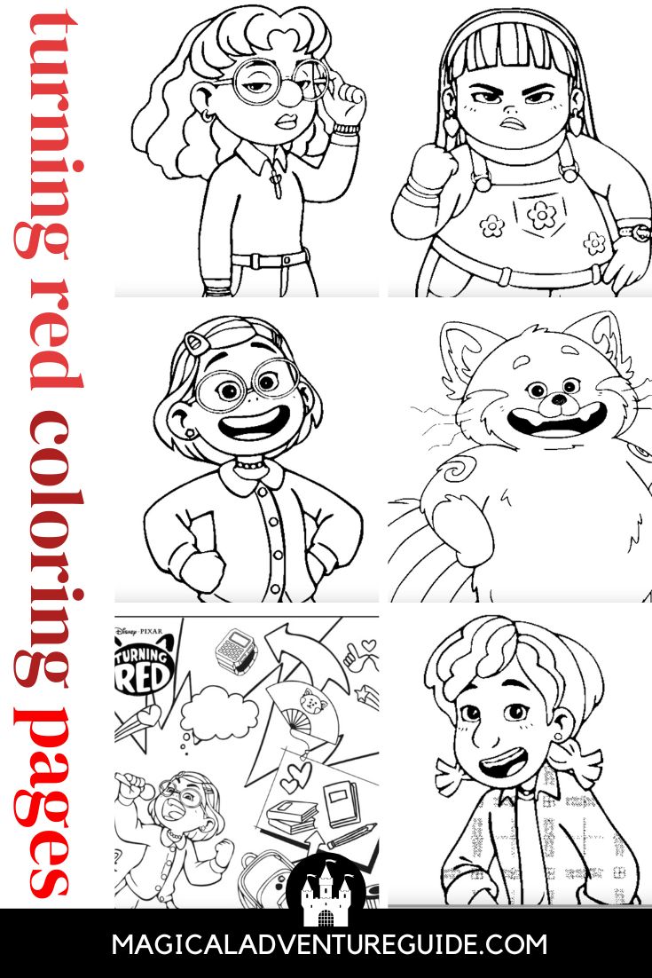 collage image featuring various images from Turning Red coloring sheets