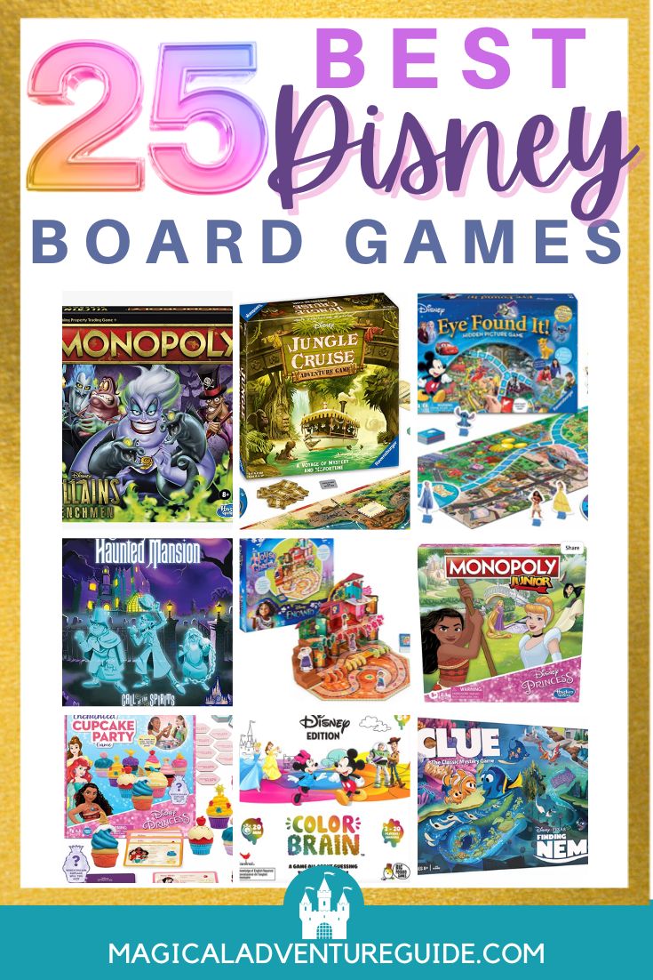 collage featuring nine photos of different Disney themed games. An overlay reads, "25 Best Disney Board Games"