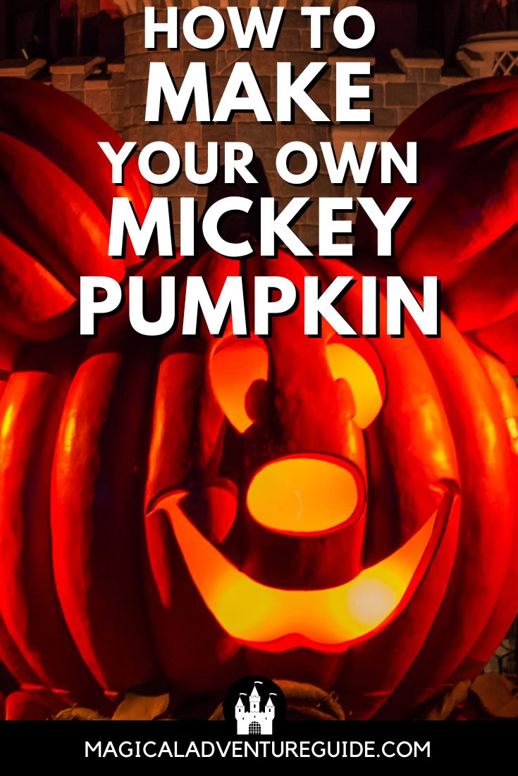 close-up view of a Mickey Mouse pumpkin. An overlay reads, "How to Make Your Own Mickey Pumpkin"