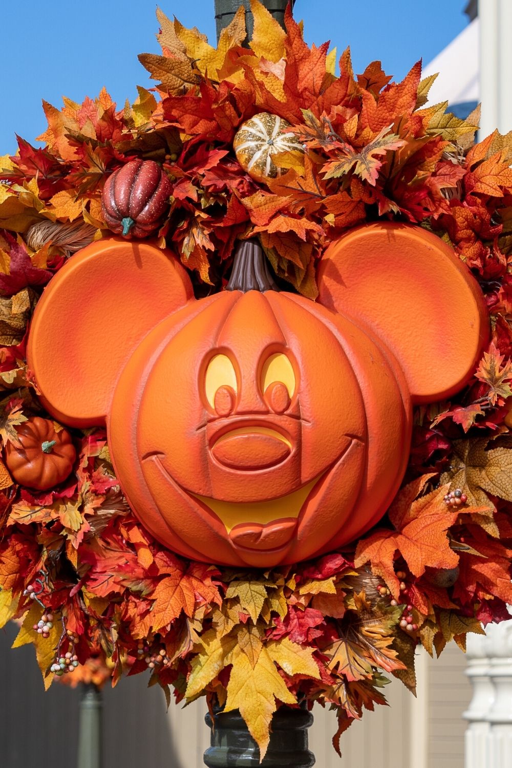 A mickey mouse pumpkin is surrounded by fall foliage on a lamp post at Magic Kingdom