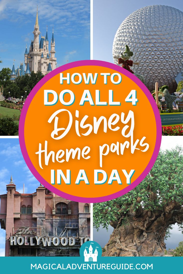 collage featuring iconic structures from each of the Disney World theme parks. An overlay reads, "How to do all 4 Disney theme parks in a day"