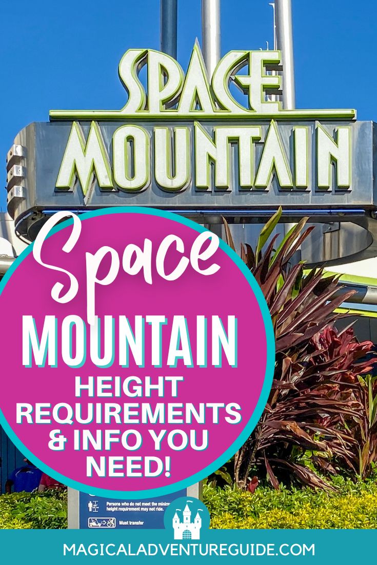 the Space Mountain sign at Magic Kingdom in Disney World. An overlay reads, "Space Mountain Height Requirements and Info You Need"