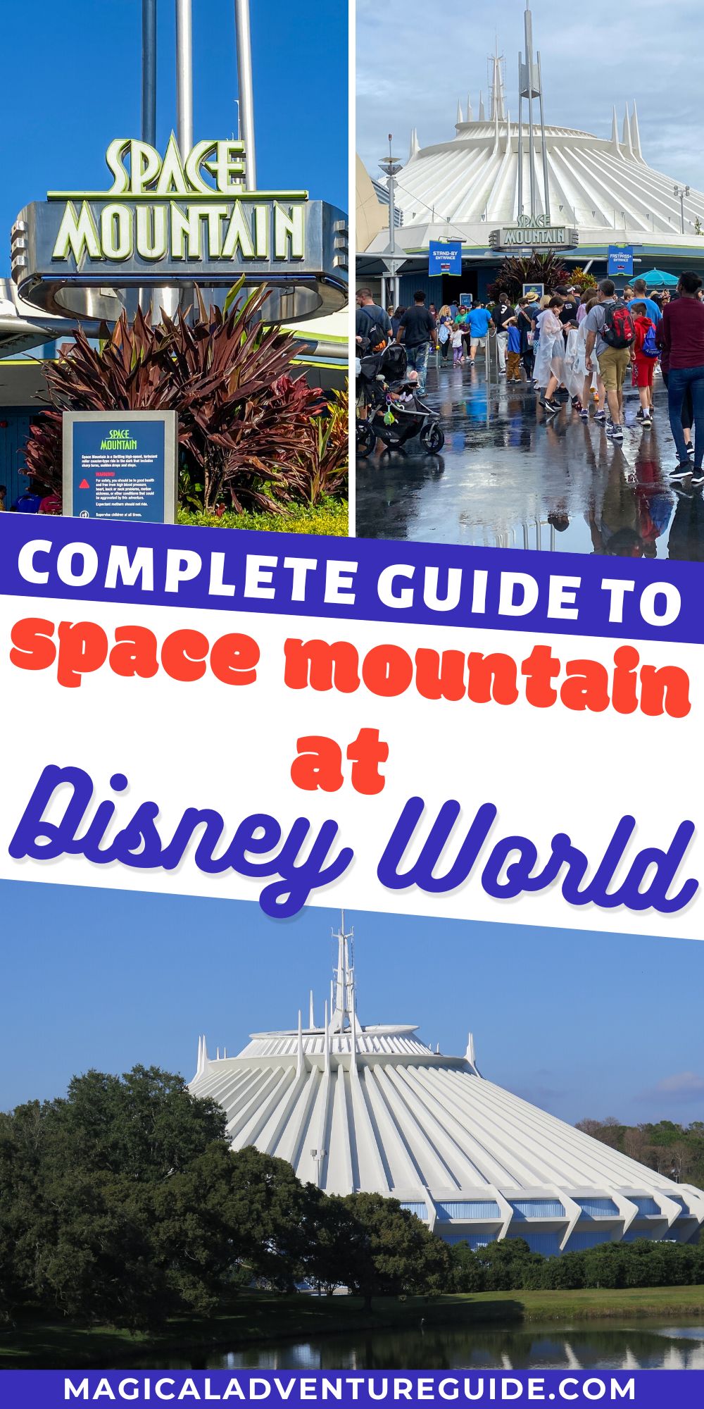 3 photos featuring external views of Space Mountain at Disney World