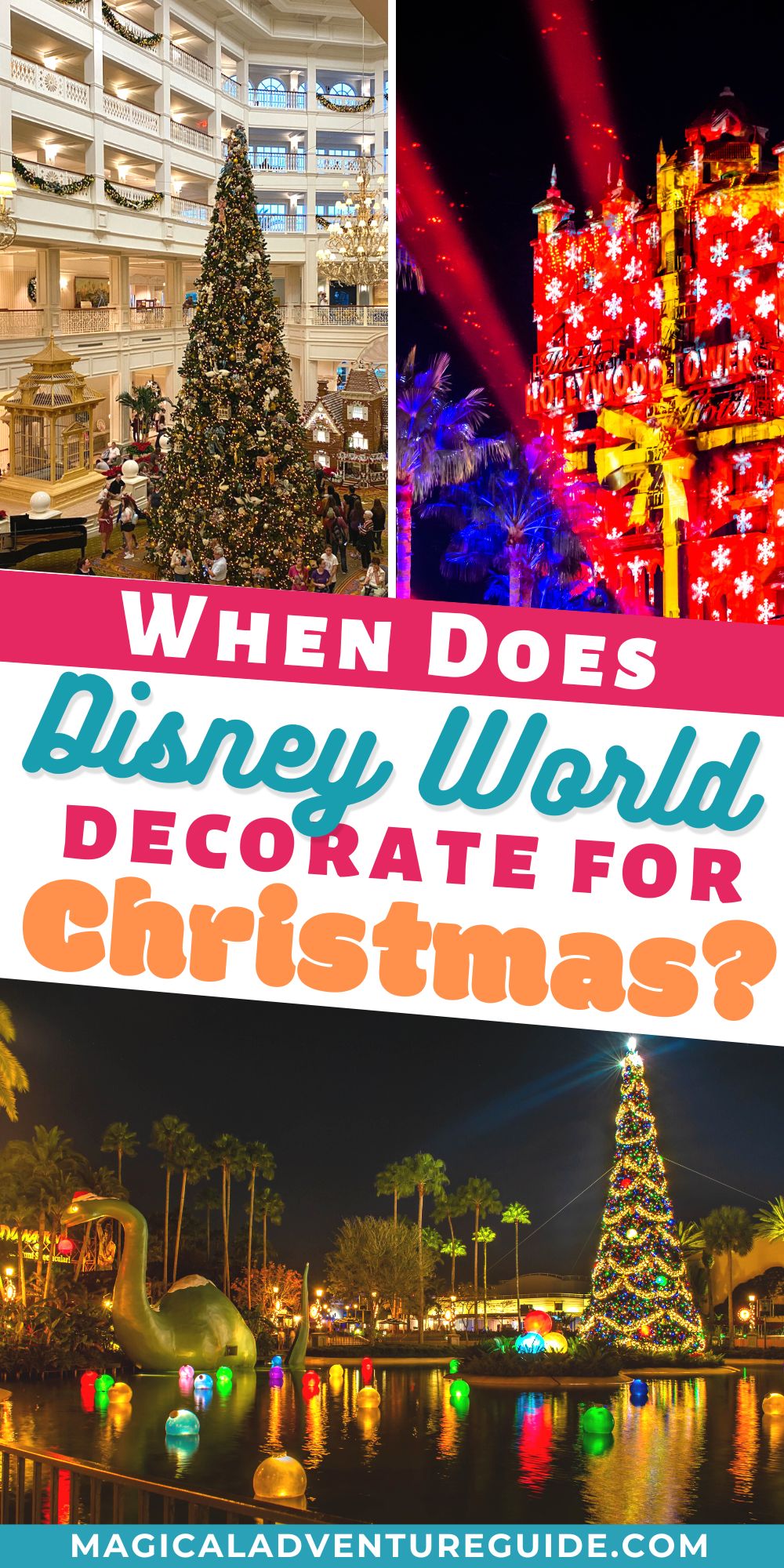 collage image featuring three photos of Christmas decorations at Disney World. 