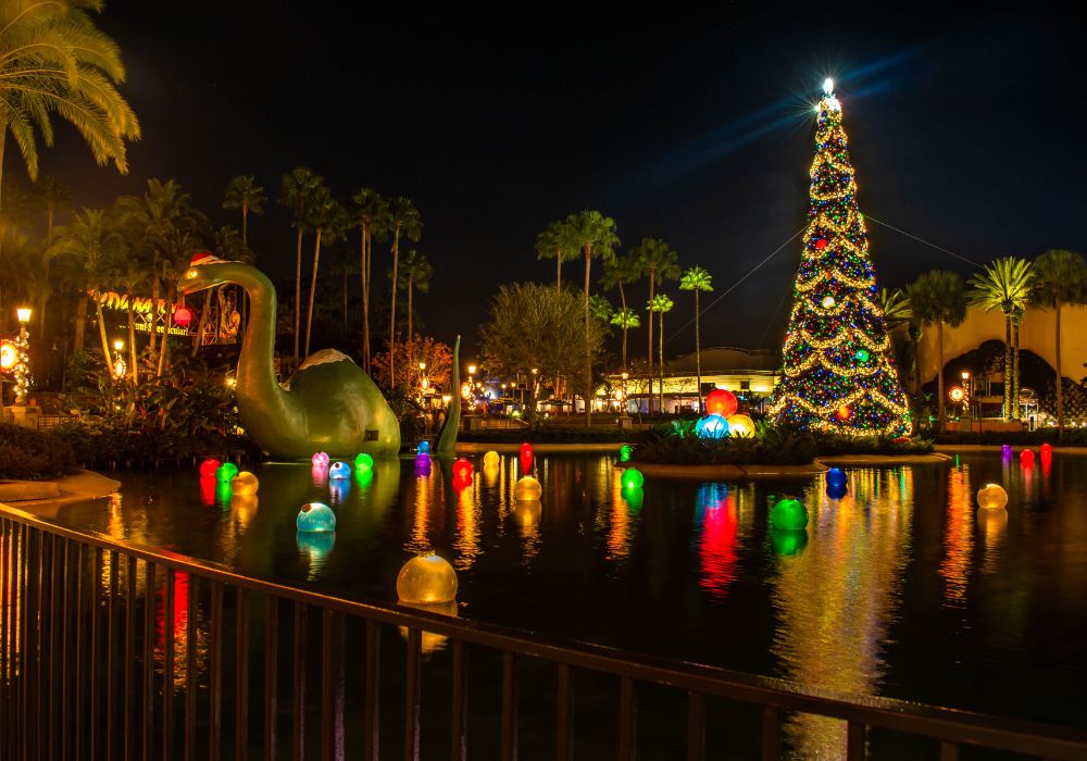 giant Christmas tree lit up at Disney's Hollywood Studios
