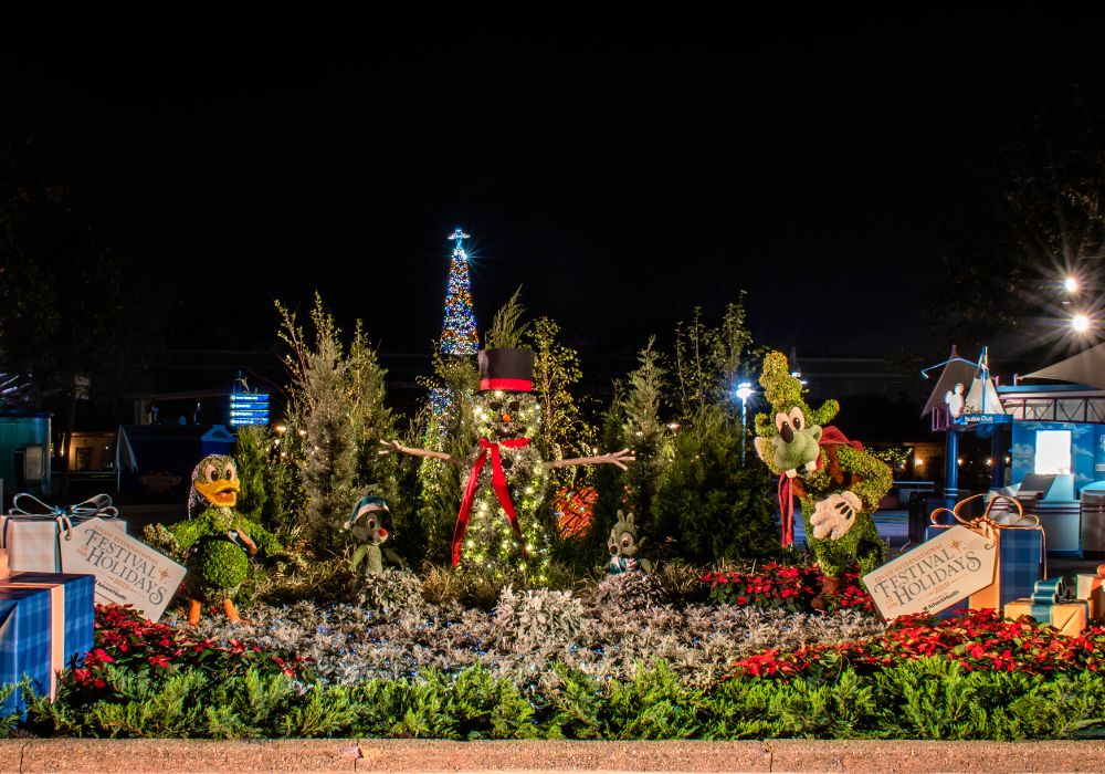 holiday topiaries at Epcot during the International Festival of the Holidays