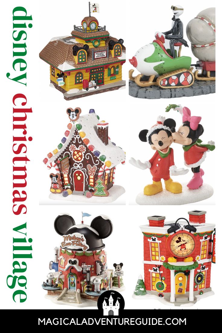 collage featuring six pieces of Disney Christmas Village decor