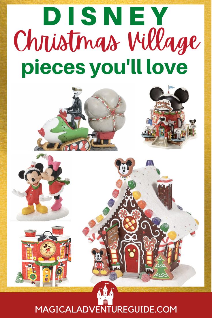 Collage featuring five different Disney Christmas Village pieces