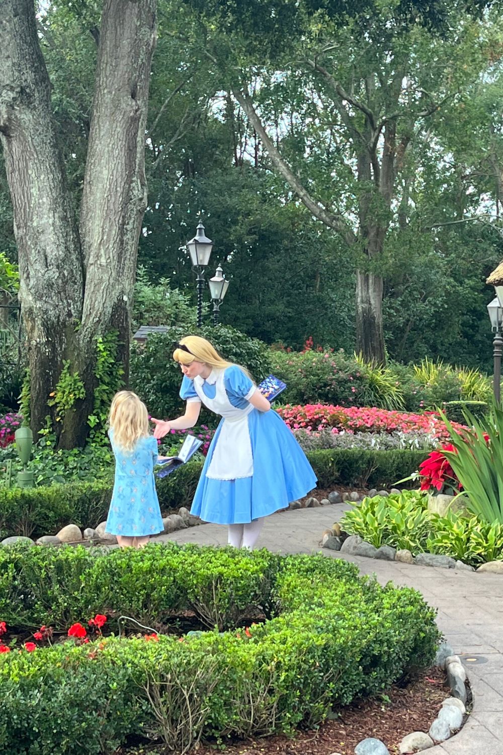 Alice in Wonderland greets a child at a character meet and greet in Disney's Epcot