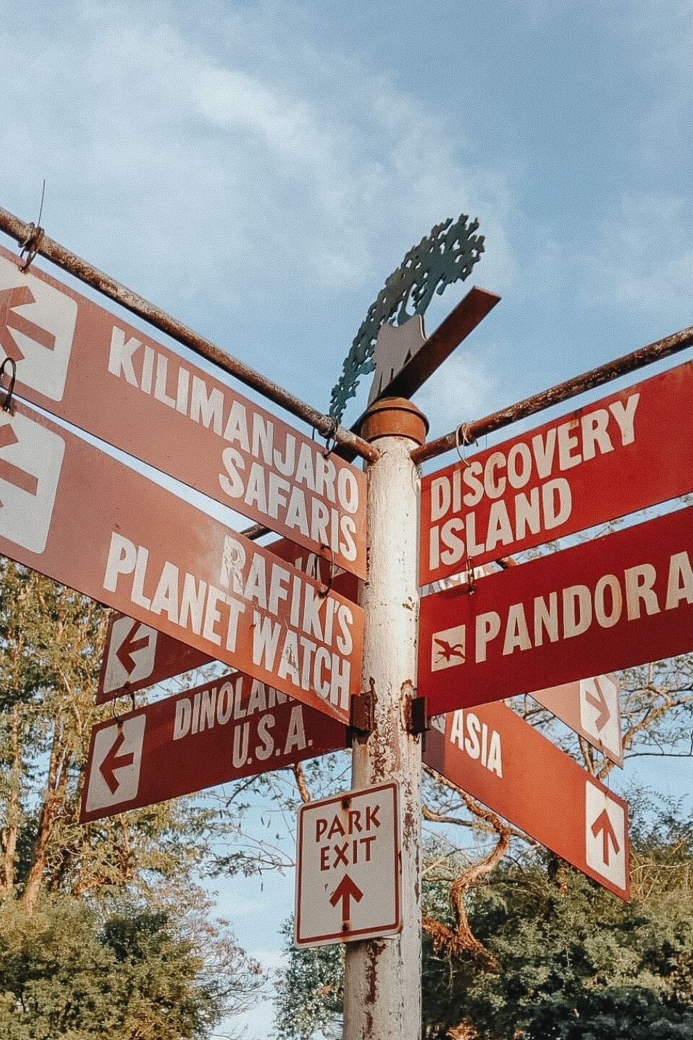 sign at Animal Kingdom giving directions to various areas of the park, including Discovery Island, Pandora, Asia, Rafiki's Planet Watch, Kilimanjaro Safaris, Dinoland USA, and park exit