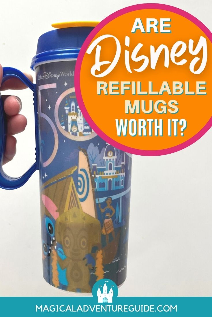 Disney Rapid Fill mug, in a 50th anniversary design. An overlay reads, "Are Disney Refillable Mugs Worth It?"