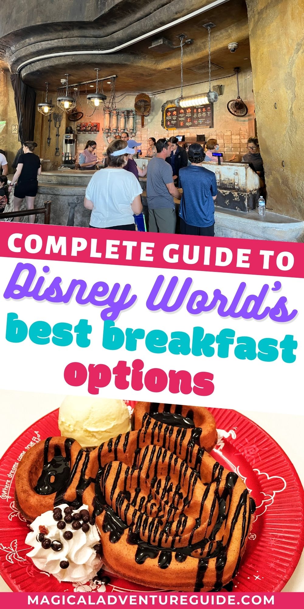 two photos; one is Ronto Roasters, a breakfast option at Hollywood Studios; the other is a Mickey Waffle, a popular breakfast choice at Disney World