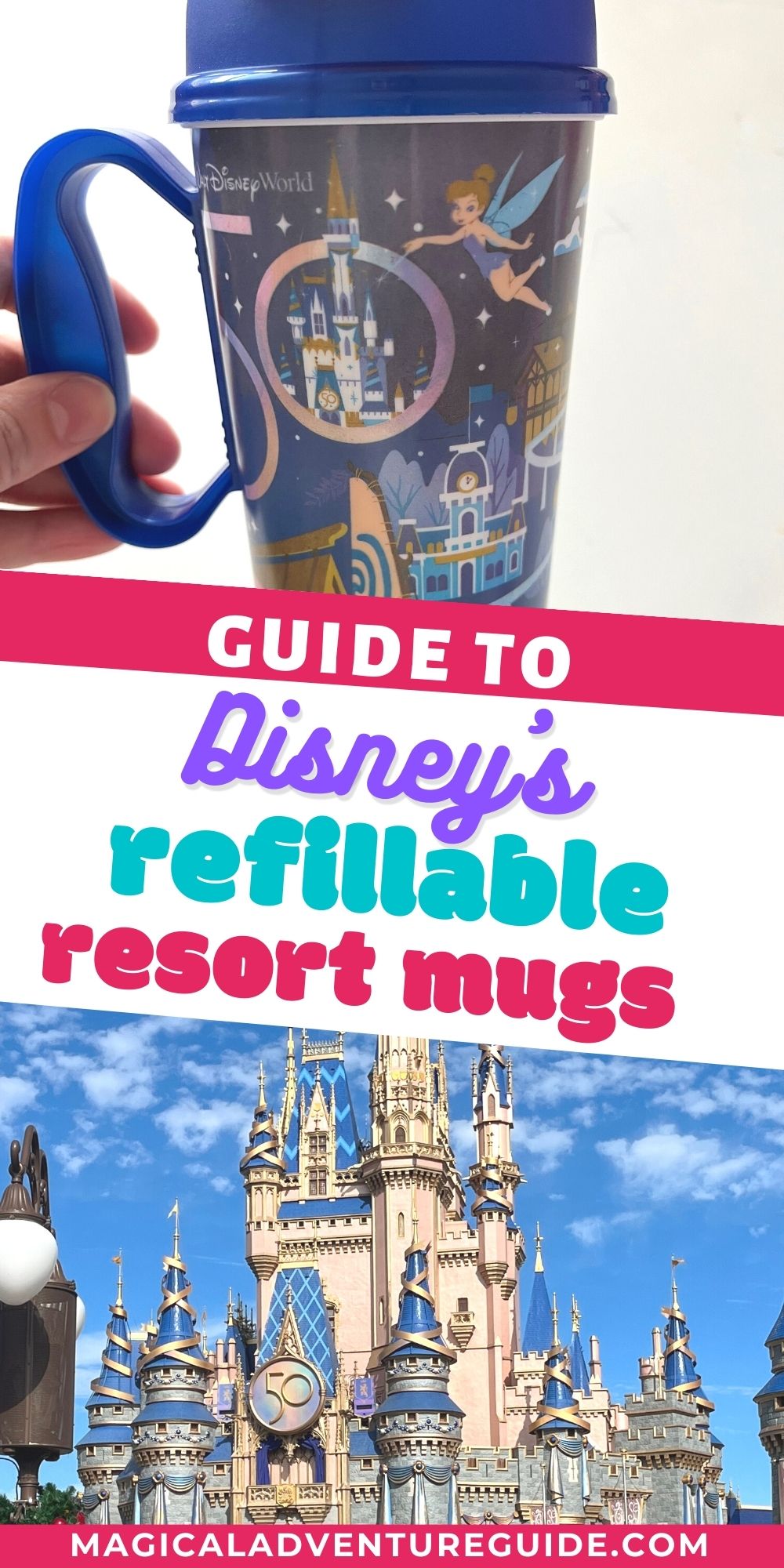 two photos; one shows a Disney Resort refillable mug with a 50th anniversary design; the other shows Cinderella's Castle with its 50th anniversary overlay at Magic Kingdom. 